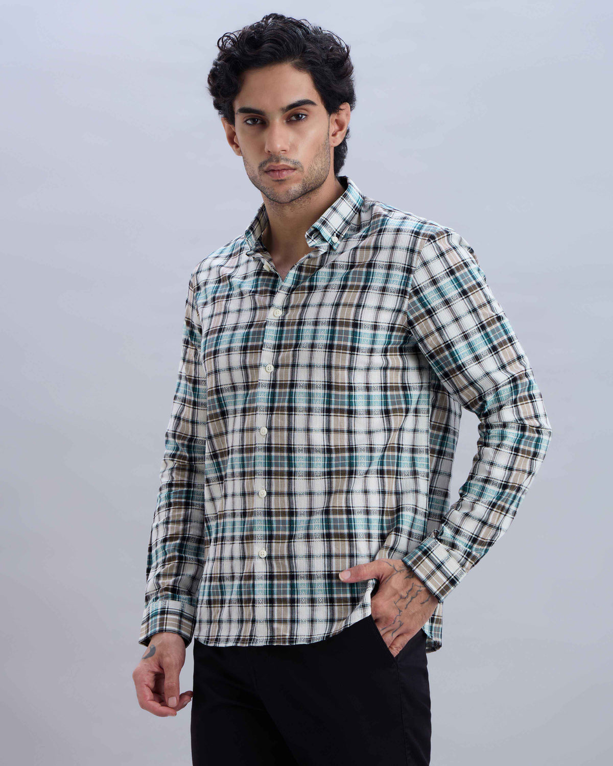Cotton-Linen Blue Check Shirt with Embroidery