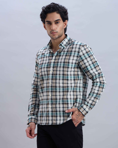 Cotton-Linen Blue Check Shirt with Embroidery