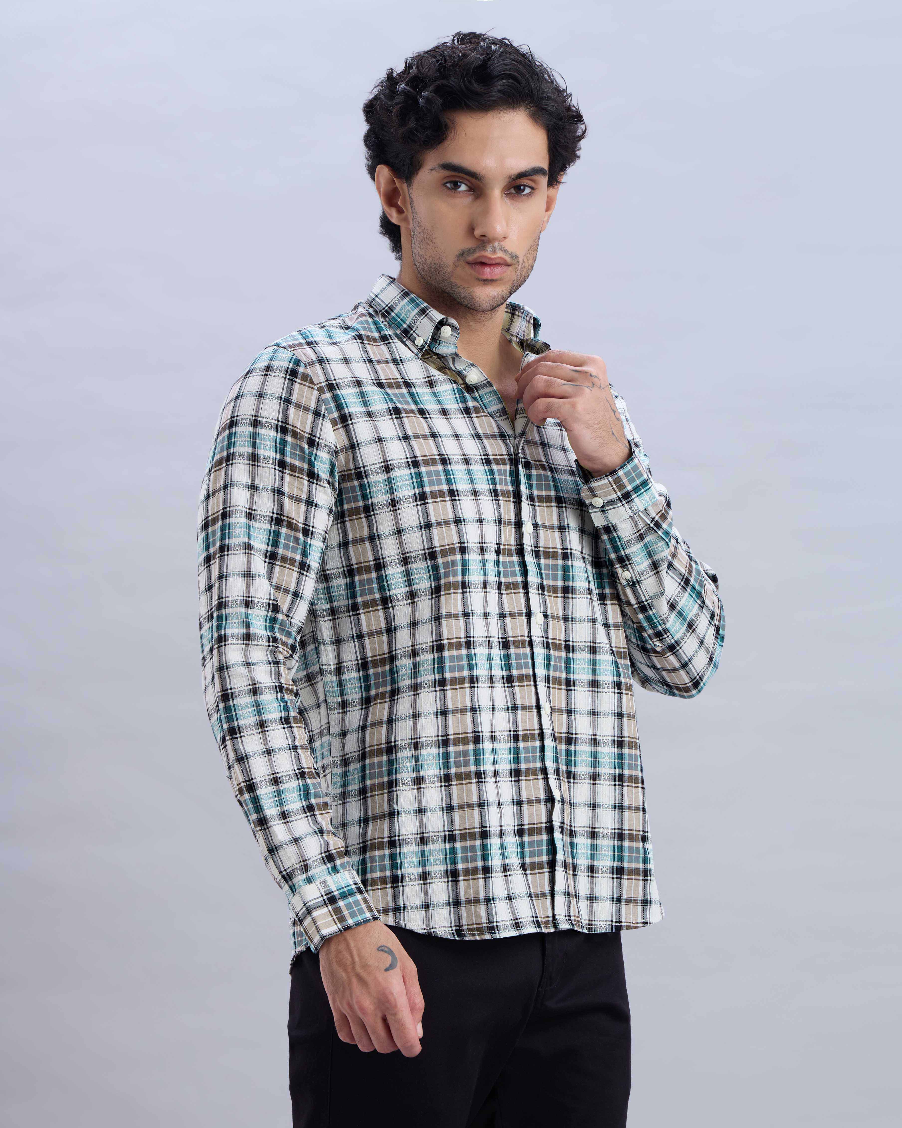 Cotton-Linen Blue Check Shirt with Embroidery