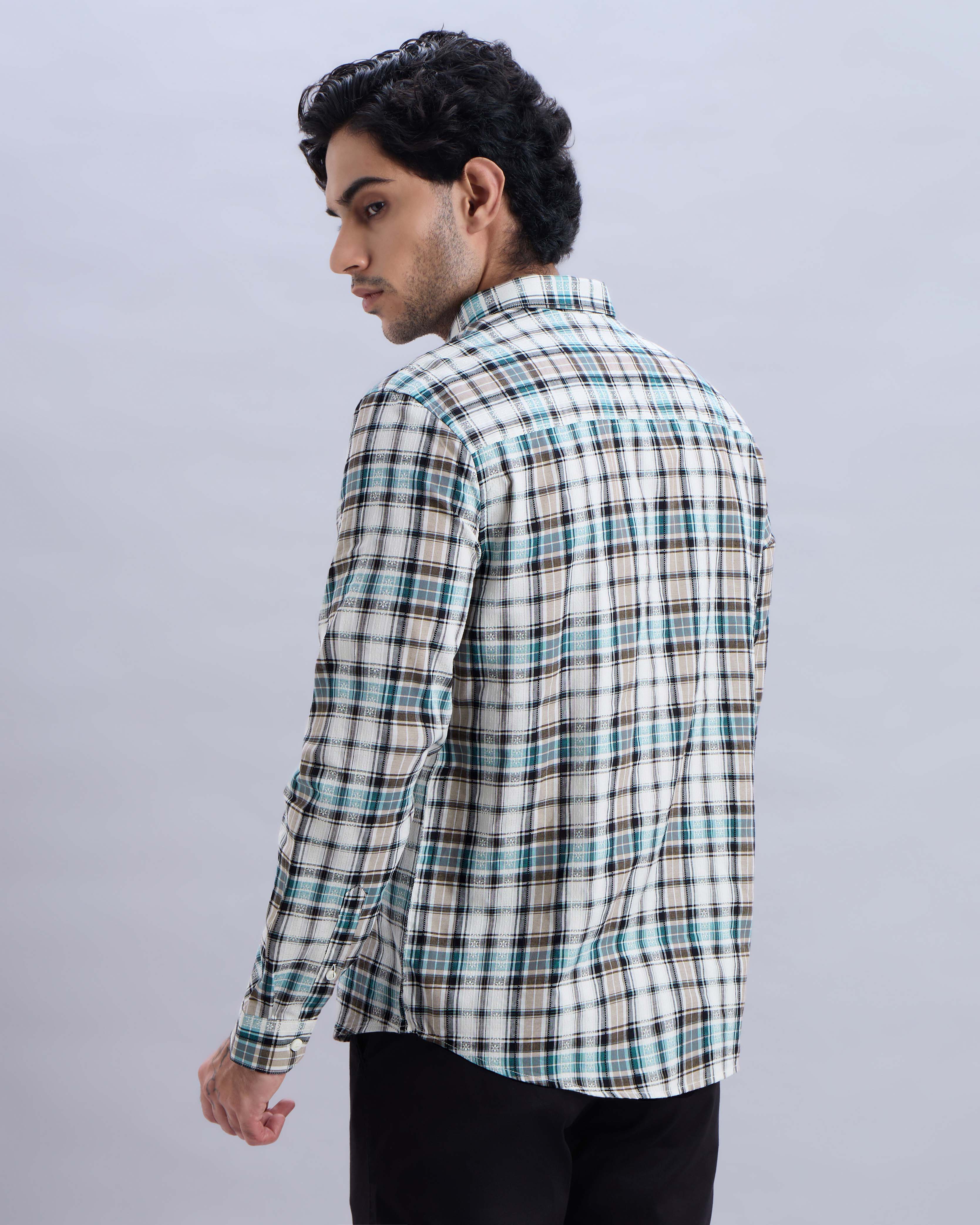Cotton-Linen Blue Check Shirt with Embroidery