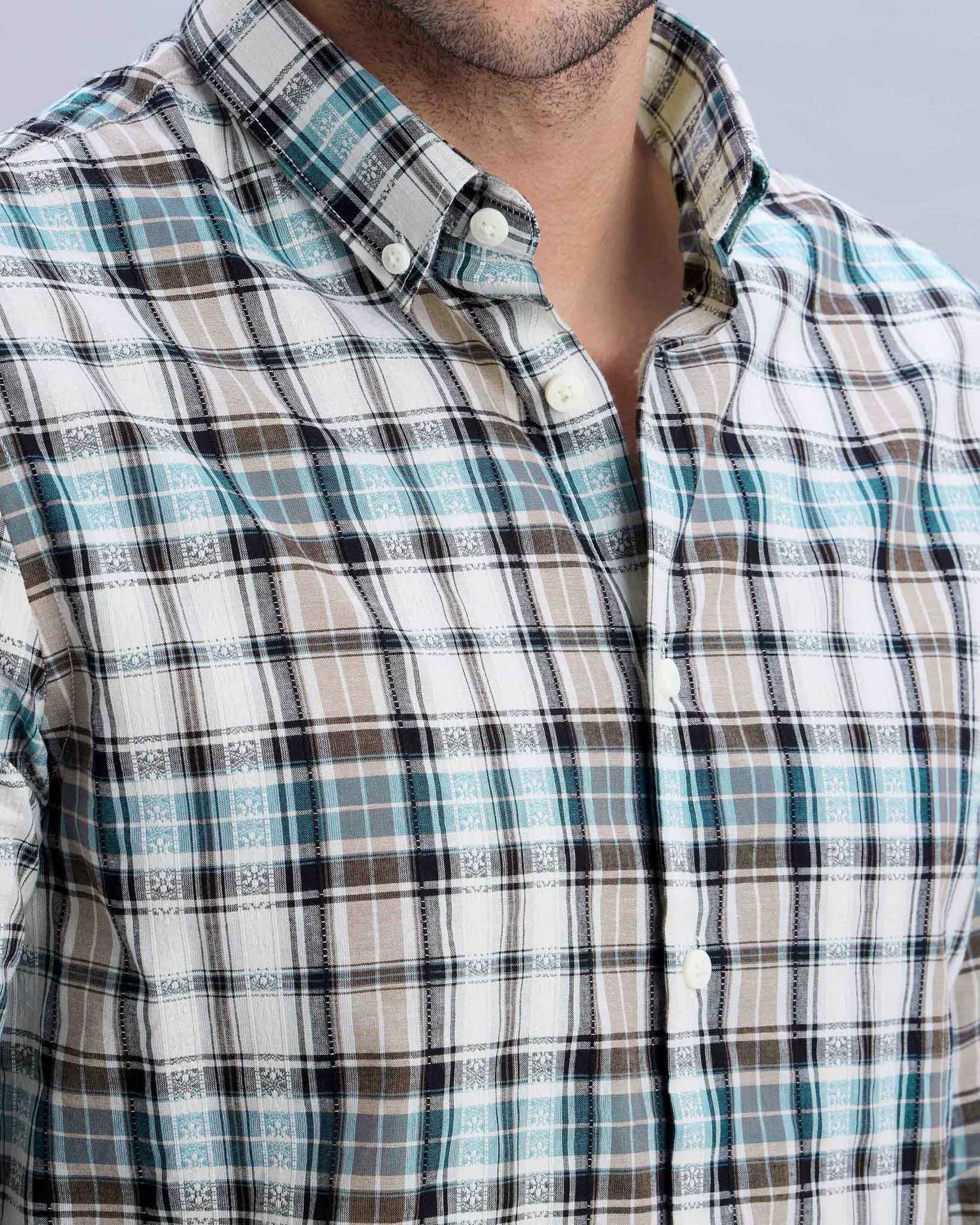 Cotton-Linen Blue Check Shirt with Embroidery