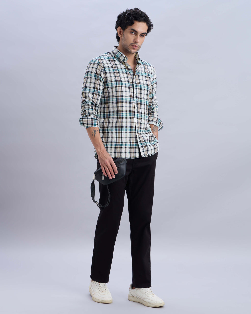 Cotton-Linen Blue Check Shirt with Embroidery