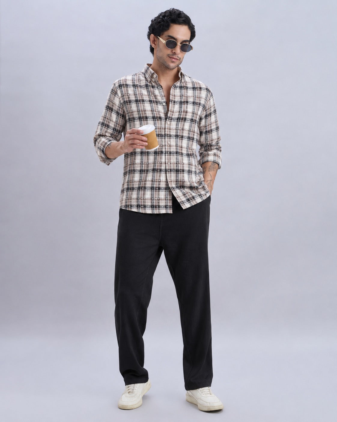 Cotton-Linen Brown Check Shirt with Embroidery