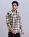 Cotton-Linen Brown Check Shirt with Embroidery