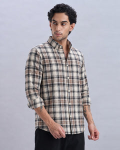 Linen Brown Check Shirt with Embroidery