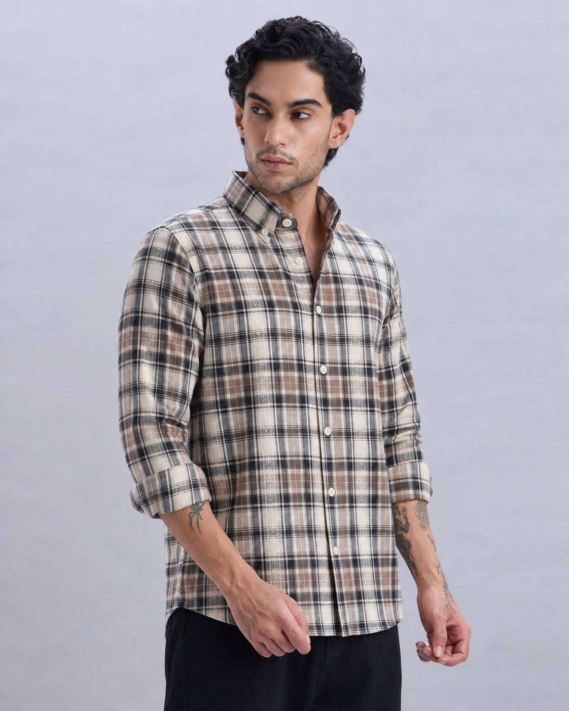 Cotton-Linen Brown Check Shirt with Embroidery