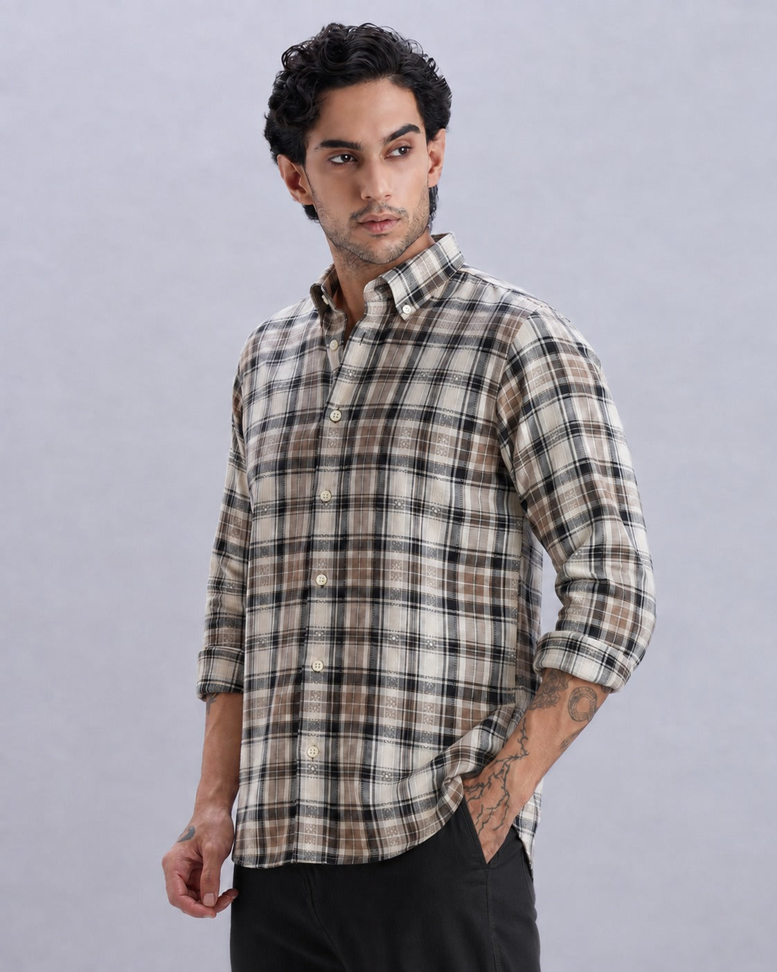 Cotton-Linen Brown Check Shirt with Embroidery