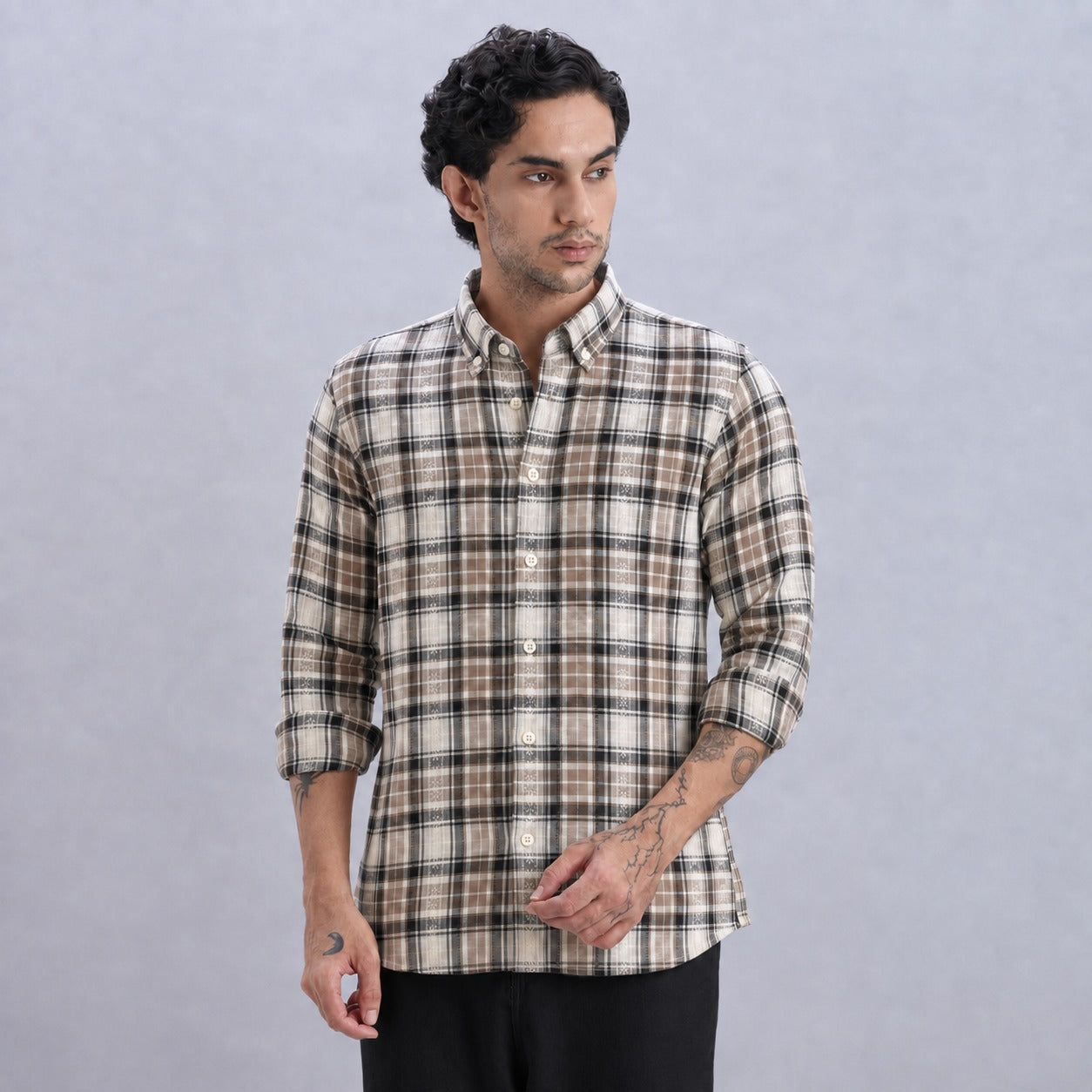 Cotton-Linen Brown Check Shirt with Embroidery